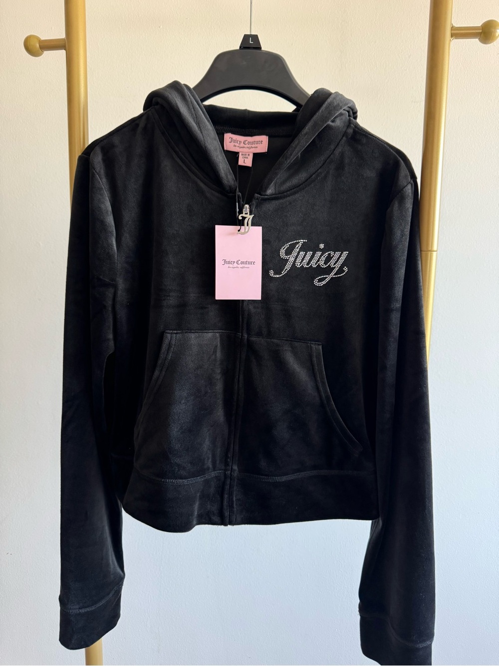 Juicy Couture Black Velour Zip Hoodie with Crystal 'Juicy' Logo
